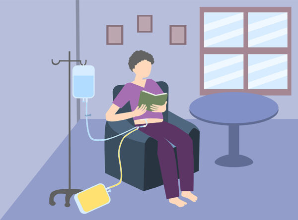 Illustration of a patient reading while receiving dialysis